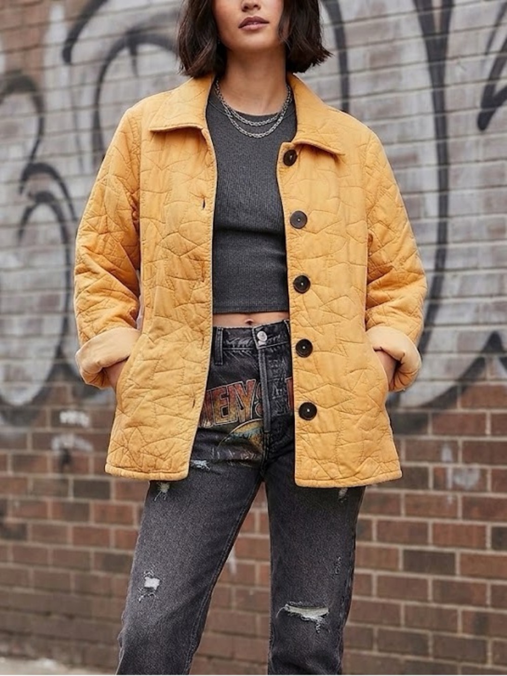✨Vintage Color me Cotton Quilted Mustard Yellow Jacket - XL Button Front Coat